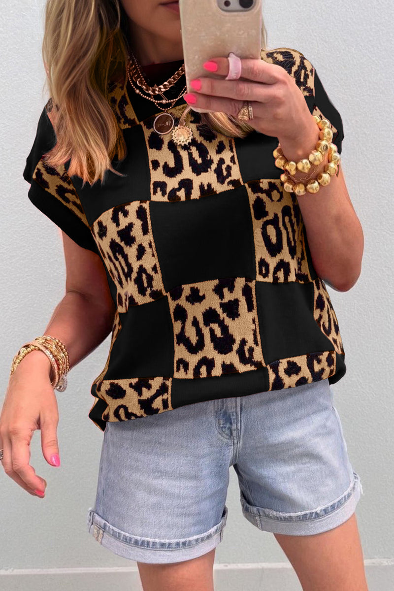 Leopard Checkerboard Knit Top – Black