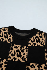 Leopard Checkerboard Knit Top – Black