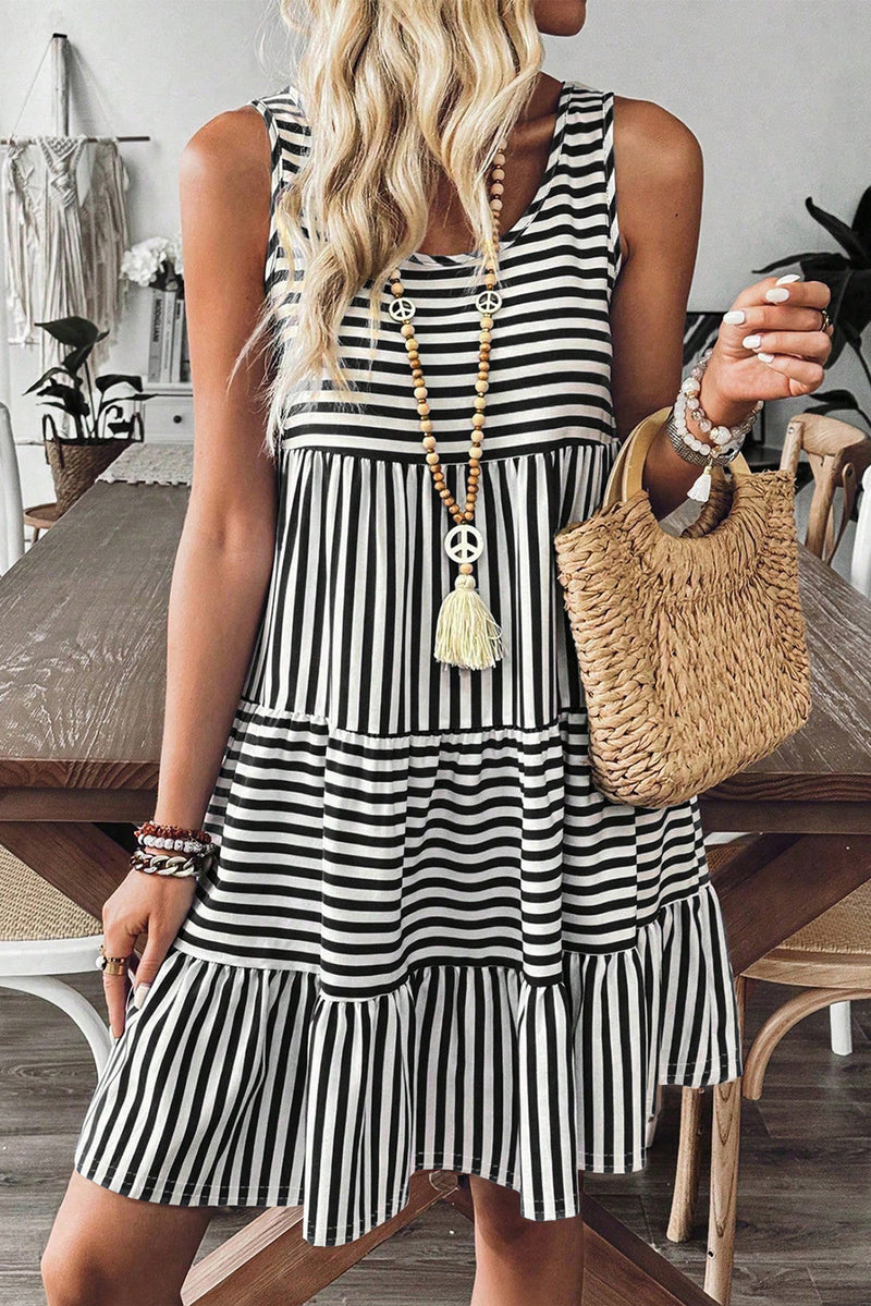 Striped Sleeveless U-Neck Mini Dress – Black