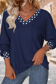 Polka Dot Trim Bow Back Ribbed Top – Blue