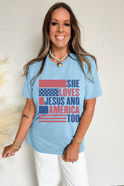 She Loves Jesus & America Too” Graphic Tee – Light Blue