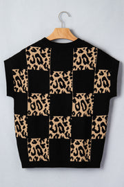 Leopard Checkerboard Knit Top – Black