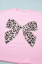 Leopard Bow Embroidered Tee – Pink