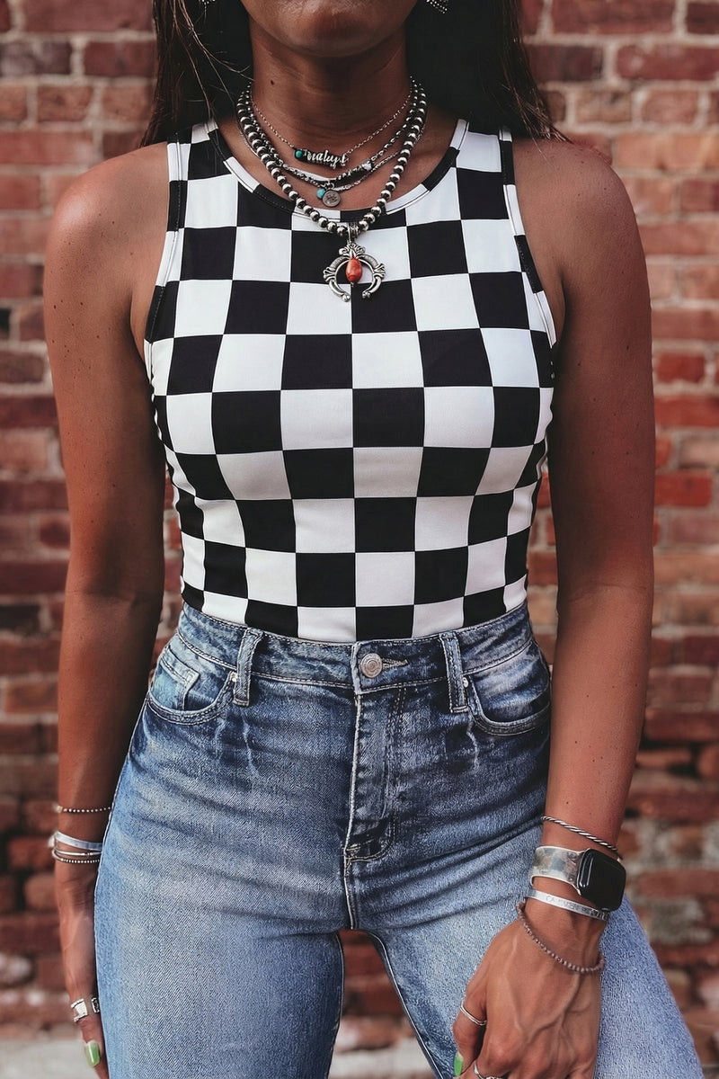 Checkerboard Slim Tank Top – Black