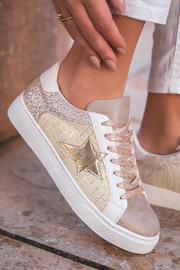 Glitter Star Patchwork Lace-Up Sneakers – Gold