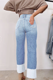 High-Rise Distressed Straight Leg Jeans – Sky Blue