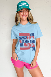 She Loves Jesus & America Too” Graphic Tee – Light Blue