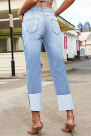 High-Rise Distressed Straight Leg Jeans – Sky Blue