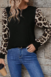 Leopard Patchwork Puff Sleeve Top – Khaki