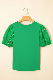 Pearl Beaded Puff Sleeve Top – Green