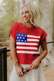 American Flag Short Sleeve Sweater Top – Red