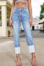 High-Rise Distressed Straight Leg Jeans – Sky Blue