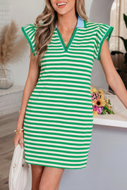 Coastal Club Striped Flutter Sleeve Dress | Green