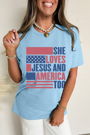She Loves Jesus & America Too” Graphic Tee – Light Blue