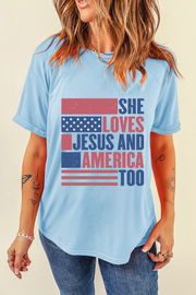 She Loves Jesus & America Too” Graphic Tee – Light Blue