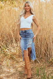 Distressed Raw Hem Denim Midi Skirt