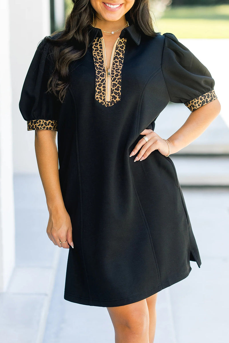 Leopard Patchwork Zip Collar Mini Dress – Black