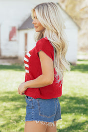 American Flag Short Sleeve Sweater Top – Red