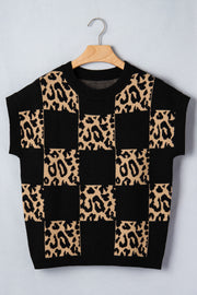 Leopard Checkerboard Knit Top – Black