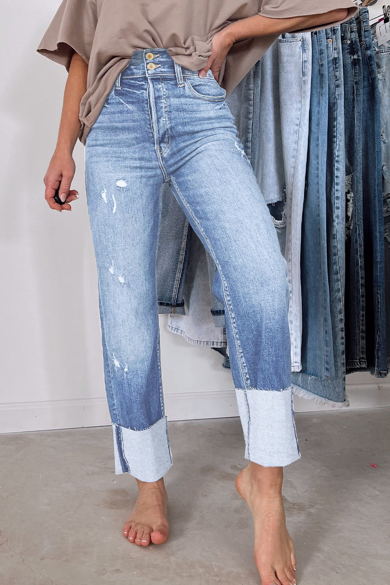 High-Rise Distressed Straight Leg Jeans – Sky Blue