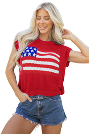 American Flag Short Sleeve Sweater Top – Red