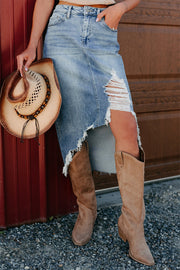 Distressed Raw Hem Denim Midi Skirt