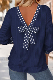Polka Dot Trim Bow Back Ribbed Top – Blue