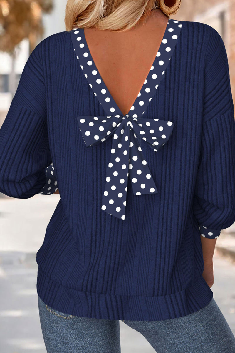 Polka Dot Trim Bow Back Ribbed Top – Blue