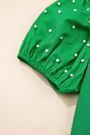 Pearl Beaded Puff Sleeve Top – Green