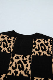 Leopard Checkerboard Knit Top – Black