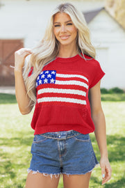 American Flag Short Sleeve Sweater Top – Red