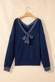 Polka Dot Trim Bow Back Ribbed Top – Blue