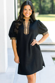 Leopard Patchwork Zip Collar Mini Dress – Black