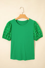 Pearl Beaded Puff Sleeve Top – Green