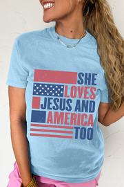 She Loves Jesus & America Too” Graphic Tee – Light Blue
