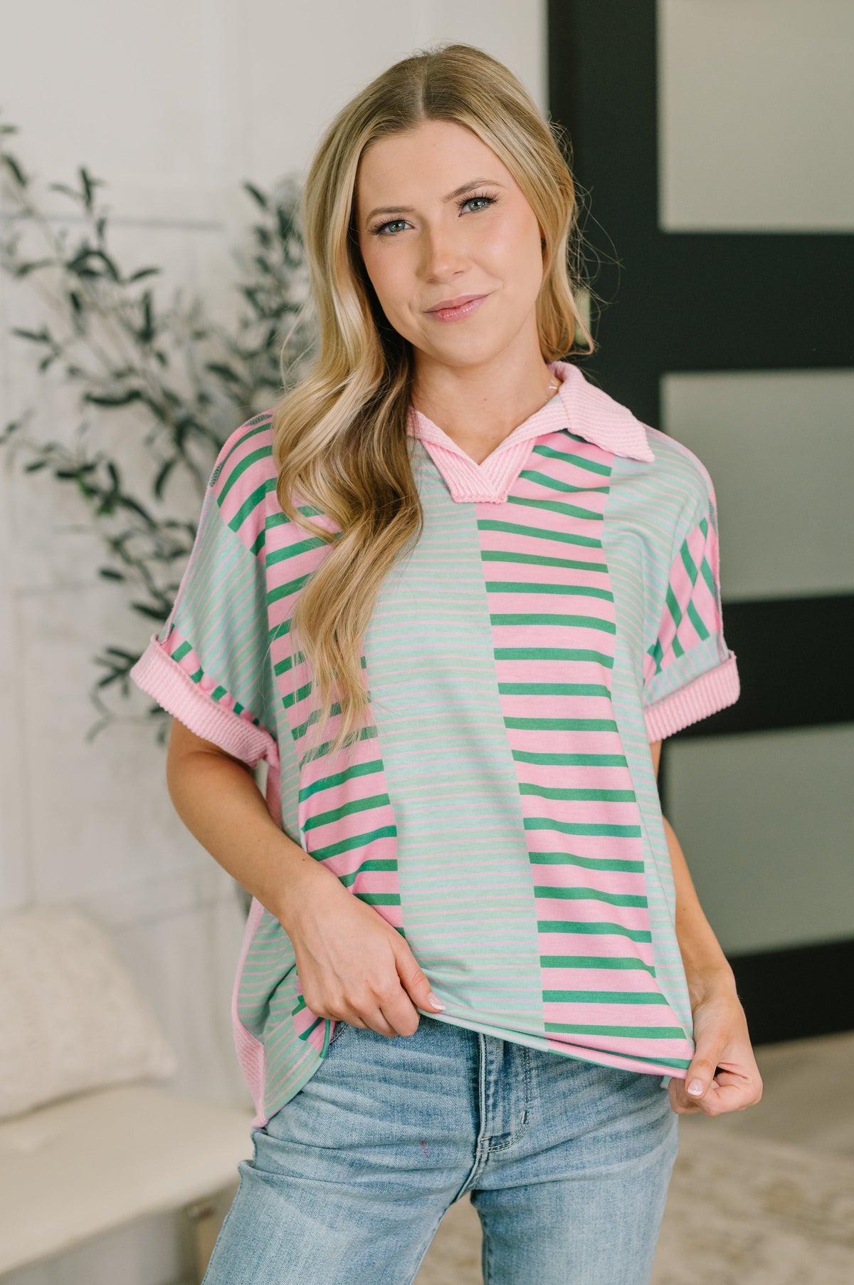 Pink & Mint Color Block Collared Top | Can't Control It
