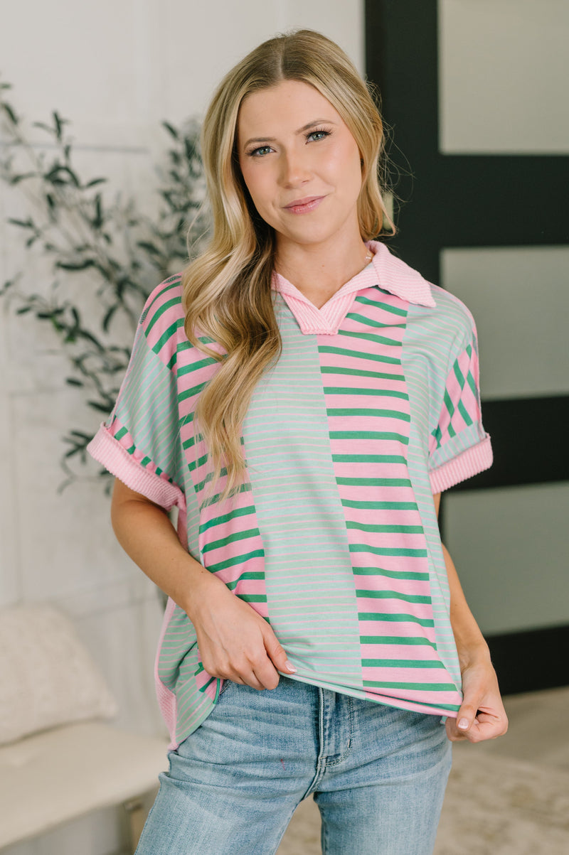Pink & Mint Color Block Collared Top | Can't Control It