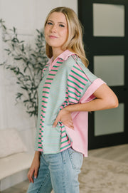 Pink & Mint Color Block Collared Top | Can't Control It