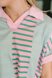Pink & Mint Color Block Collared Top | Can't Control It
