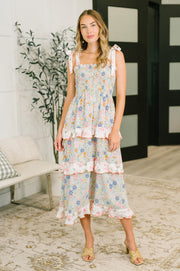 Floral Tiered Maxi Dress with Smocked Bodice & Pockets | Sage