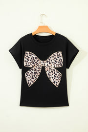 Leopard Bow Embroidered Tee – Black