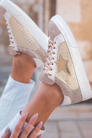 Glitter Star Patchwork Lace-Up Sneakers – Gold