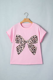 Leopard Bow Embroidered Tee – Pink