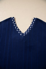 Polka Dot Trim Bow Back Ribbed Top – Blue