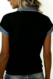 Denim Contrast Knit Top | Button Front