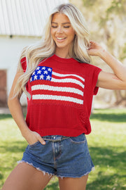 American Flag Short Sleeve Sweater Top – Red