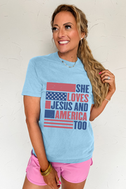 She Loves Jesus & America Too” Graphic Tee – Light Blue