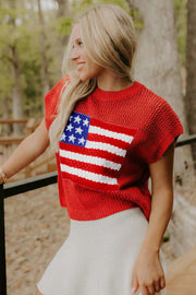 American Flag Short Sleeve Sweater Top – Red