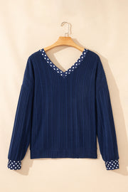 Polka Dot Trim Bow Back Ribbed Top – Blue