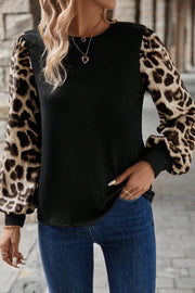 Leopard Patchwork Puff Sleeve Top – Khaki